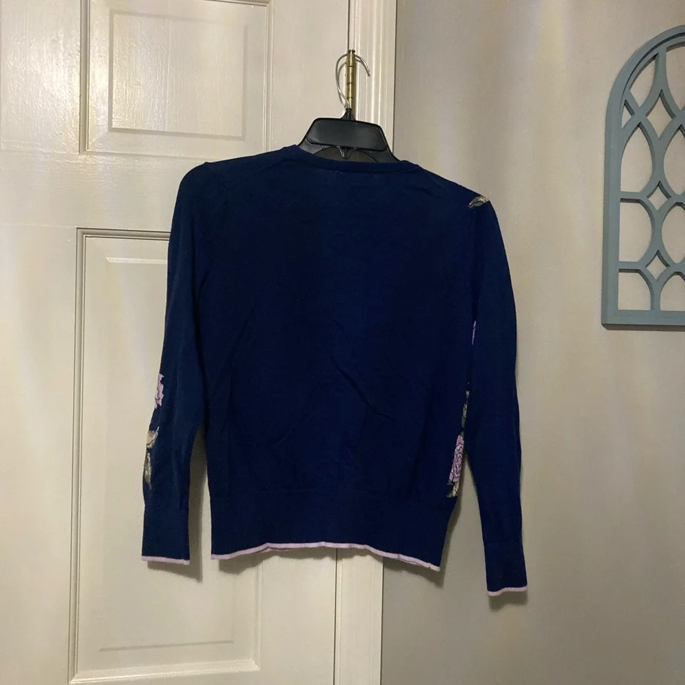 Lands' End Navy Cardigan with Purple Floral Embroidery - Picture 4 of 5